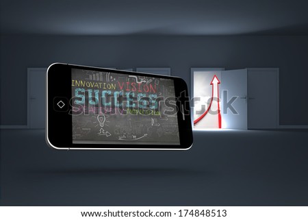 Success plan on smartphone screen against doors opening to show red arrow and sky