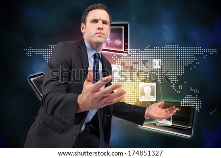 Businessman posing with arms out against global connection background