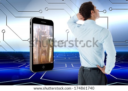 Thinking businessman with hand on head against technological background