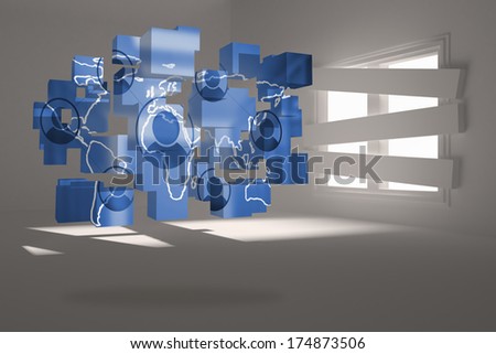 Earth interface on abstract screen against digitally generated room with bordered up window