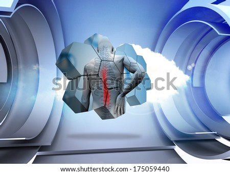 Back injury diagram on abstract screen against cloud in a futuristic structure