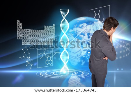 Thinking businessman touching his chin against digital earth background