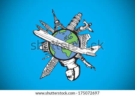 Landmarks of the world with airplane doodle against blue background with vignette