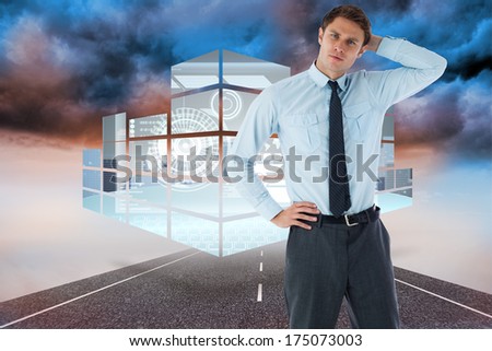 Thinking businessman with hand on head against cloudy landscape background with street