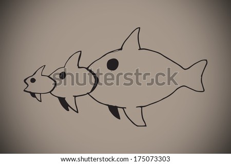 Fish eating a fish eating a fish against grey background with vignette
