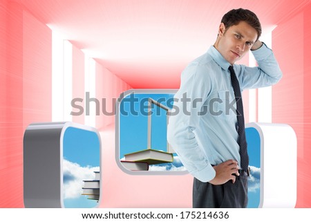 Thinking businessman with hand on head against bright red room with windows