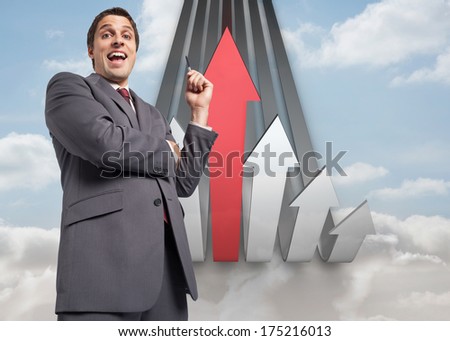 Thoughtful businessman holding pen against red and grey curved arrows pointing up against sky