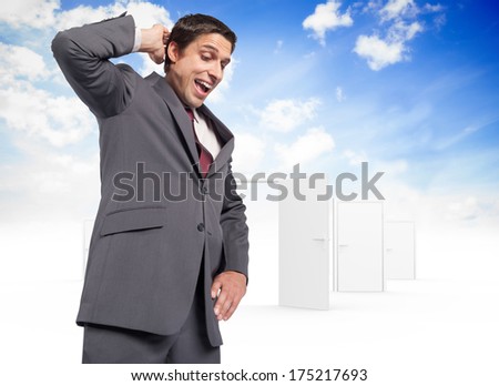 Thinking businessman scratching head against opening door in sky