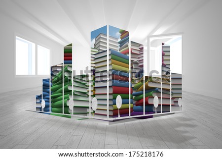 Piles of books on abstract screen against bright room with opened windows