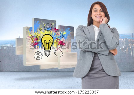 Smiling thoughtful businesswoman against city scene in a room