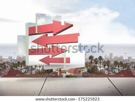 Arrows on abstract screen against view from balcony over city