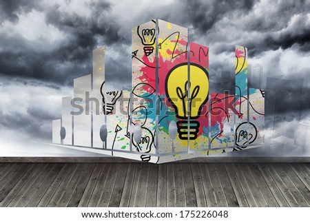Light bulb on abstract screen against sky painted on wall