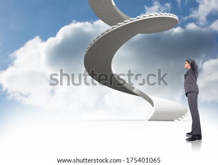 Thinking businessman scratching head against spiral staircase in the sky