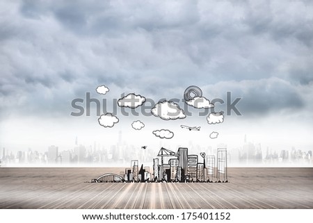 Cityscape doodle against city on the horizon