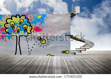 Light bulb tree on abstract screen against book steps leading to door on sky