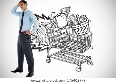 Thoughtful businessman with hand on head against ecommerce illustration