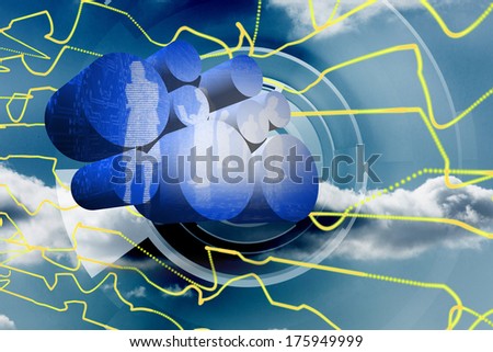 Digital business people on abstract screen against abstract yellow line design on blue sky