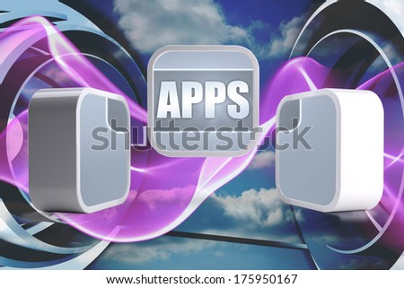 Apps banner on abstract screen against purple wave design on blue sky