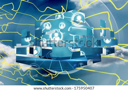 Online community on abstract screen against abstract yellow line design on blue sky