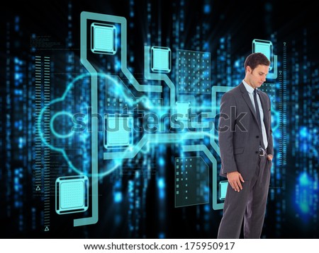 Serious businessman with hand in pocket against glowing blue key on black background