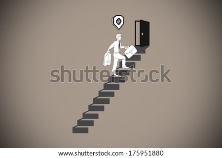 Businessman climbing the stairs to door against grey background with vignette