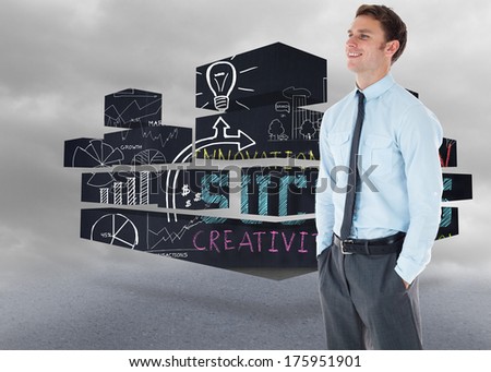 Smiling businessman standing with hand in pocket against cloudy dull sky
