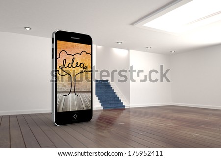 Idea tree on smartphone screen against digitally generated room with stairs