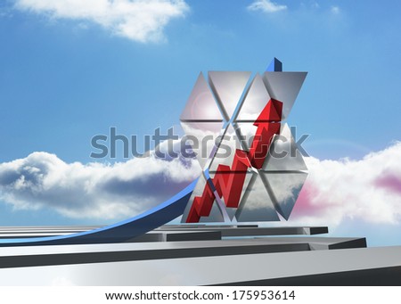 Red arrow on abstract screen against blue curved arrow pointing up against sky
