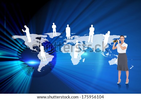 Astonished elegant businesswoman holding binoculars against digital earth background