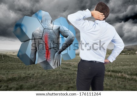 Thinking businessman scratching head against stormy countryside background