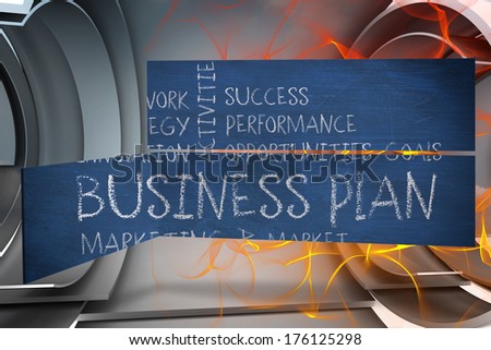 Business plan on abstract screen against orange energy design on a futuristic structure