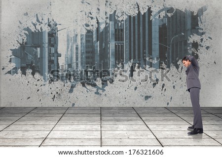 Thinking businessman scratching head against splash showing cityscape