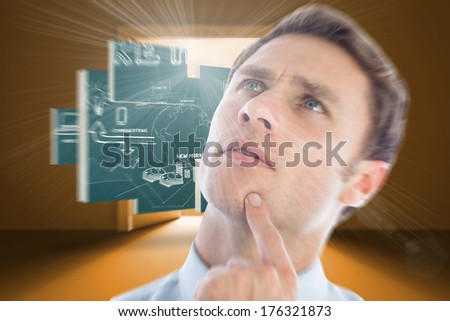 Thinking businessman with finger on chin against arrows in the sky in orange behind a door