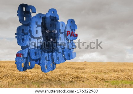 Burglar on abstract screen against cloudy countryside background