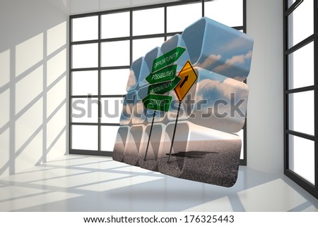 Signposts on abstract screen against room with a lot of windows