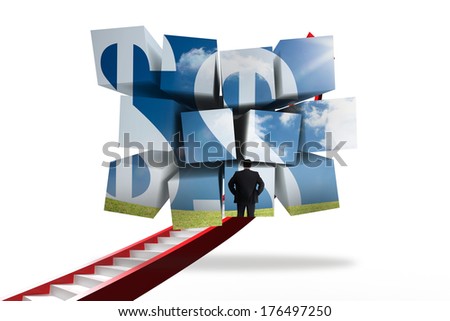Businessman and dollar signs on abstract screen against red ladder arrow graphic