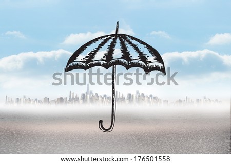 Umbrella doodle against cityscape on the horizon