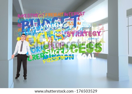 Businessman with empty pockets against buzz words in room