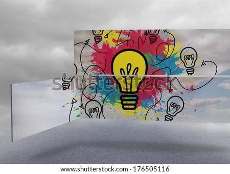 Light bulb and paint splashes on abstract screen against cloudy dull sky