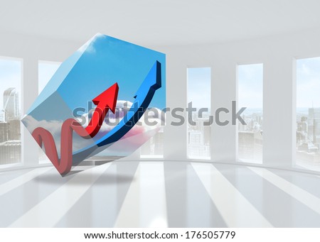 Arrows on abstract screen against bright white room with windows