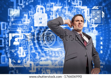 Thinking businessman scratching head against bright futuristic binary code spiral