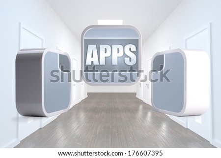 Apps banner on abstract screen against bright hallway with several doors
