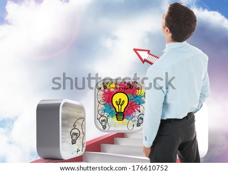 Businessman standing with hands in pockets against red staircase arrow pointing up against sky