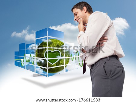Thoughtful businessman with hand on chin against steps leading to closed door in the sky