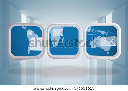 World map and email on abstract screen against lit up white modern hallway