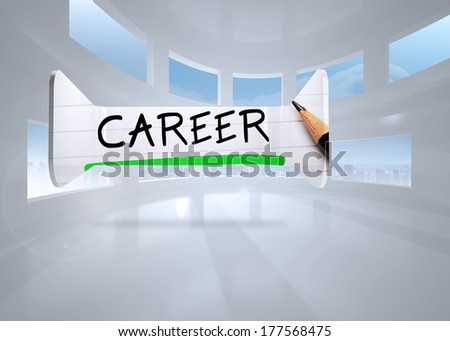 Career in handwriting on abstract screen against bright white room with windows