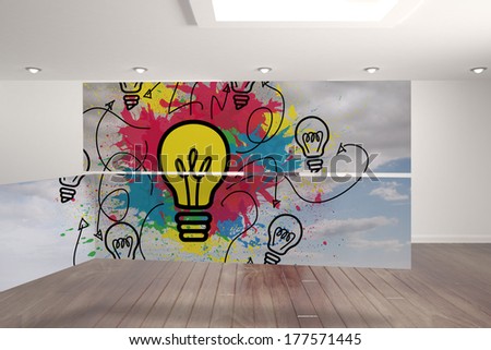 Light bulb and paint splashes on abstract screen against digitally generated room with stairs