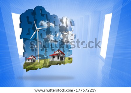 Houses with wind turbines on abstract screen against bright blue room with windows