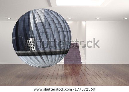 Cityscape on abstract screen against digitally generated room with stairs