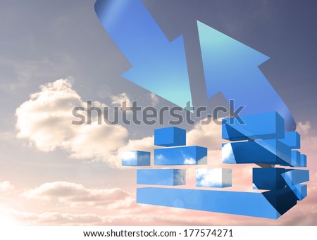 Arrow in sky on abstract screen against blue arrows pointing against sky